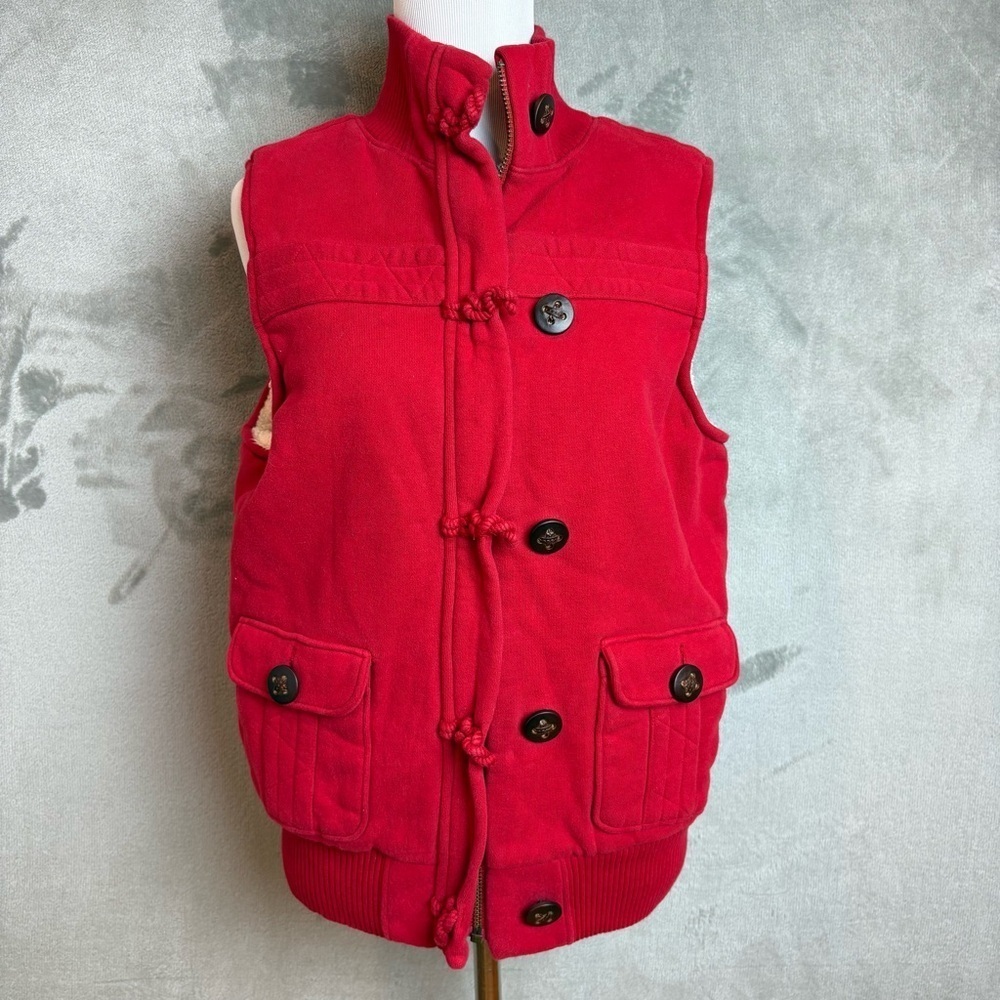 OLD NAVY Red Fleece Lined Zip And Button Front Moc Neck Vest Women's Size L